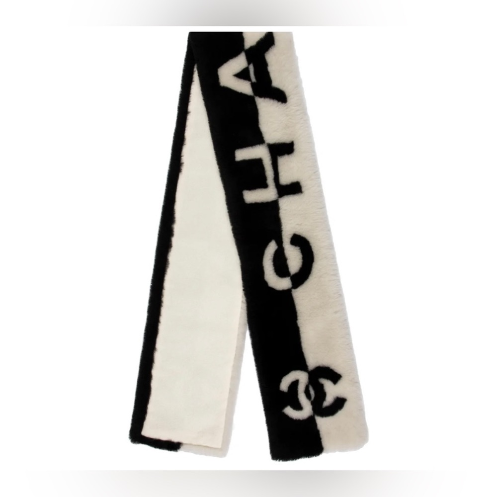 CHANEL Black & White CC Shearling Scarf !